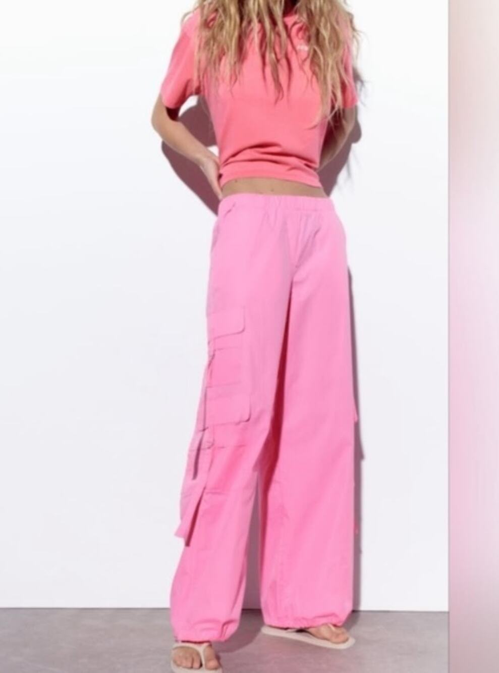 Zara Bright Pink Parachute Cargo Pants Size XS Utility Y2K Adjustable Hem
